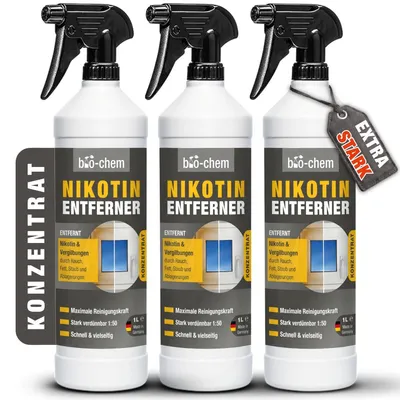 Produktbild von bio-chem Nikotinentferner Konzentrat 3x 1000 ML | Nikotin-Reiniger gegen Vergilbung, Ruß & Rauchfilm – Für Kunststoff, Fensterrahmen, Türen, Heizkörper & Wände | Starker Fettlöser Haushalt & Gastronomie