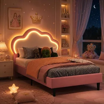 Produktbild von INONEFT Einzelbett 90x200 cm, LED Bett Kinderbett Prinzessinnenbett für Mädchen, Polsterbett Jugendbett mit Wolken-Design und verstellbarem Kopfteil