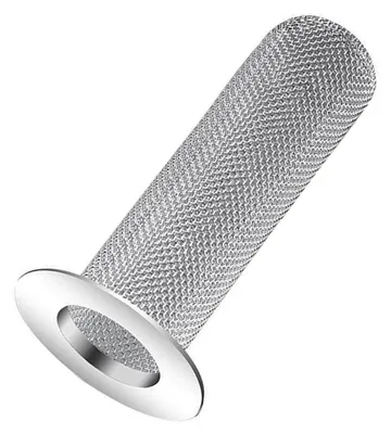 A stainless steel drain filter with a fine mesh and a wide rim.
