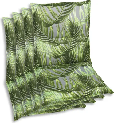 A stack of four chair cushions with a green palm leaf pattern on a light gray background.