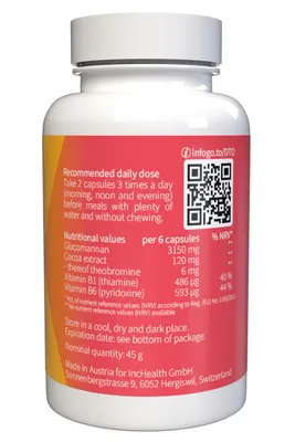 The back of a white plastic bottle containing capsules, with a red and yellow label.