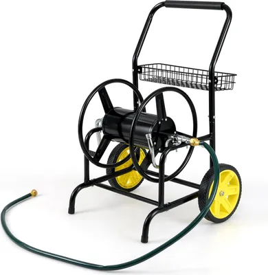 Image de COSTWAY Dévidoir métal, 70m pour tuyau 20mm, Dévidoir de jardin avec 2 roues en caoutchouc, panier&manivelle, Enrouleur de tuyau pour le jardin 76x55x92cm Noir