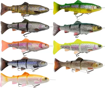 A collection of fishing lures shaped like trout, displayed on a white background.