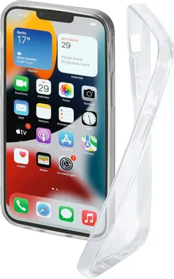 A transparent phone case is shown next to an iPhone.