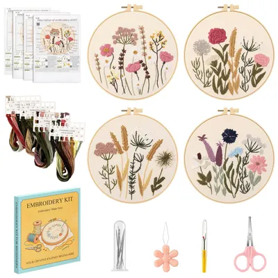 Stickerei-Set für Anfänger, 4 Blumenmuster, Komplett-Set