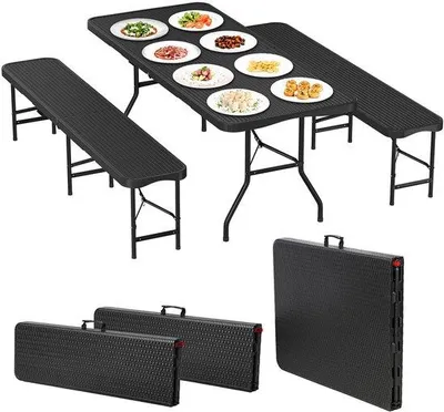 Immagine prodotto di Set da giardino pieghevole composto da 3 pezzi – tavolo + 2 sedie – 180 cm – HDPE e acciaio – Per 6-10 persone – Per interni ed esterni