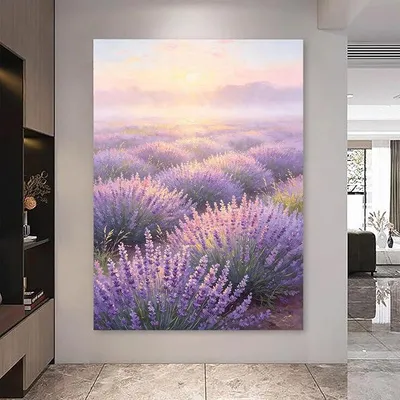 Produktbild von 100% Handgemaltes Ölgemälde Nebeliger Sonnenaufgang Über Einem Lavendelfeld mit Lila Blumen Wandbild Ungerahmt Von Der Natur Inspiriert Wanddekoration für Das Wohnzimmer 70 x 100 cm