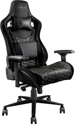 A black and gold gaming chair.
