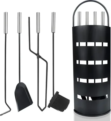 Produktbild von YUENFONG Kaminbesteck Edelstahl 5-teilig Modern Kamin Zubehör Set Kamingarnitur inkl. Besen, Schaufel, Schürhaken, Zange und Ständer mit Sichtschutz, Schwarz