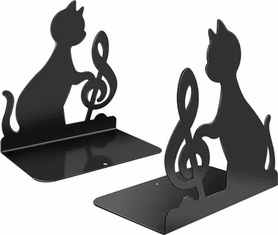 Produktbild von Buchstützen aus Edelstahl, zum Halten großer und schwerer Bücher oder zur dekorativen Verwendung auf Schreibtischen in der Heimbibliothek und im Büro (Musikkatze)