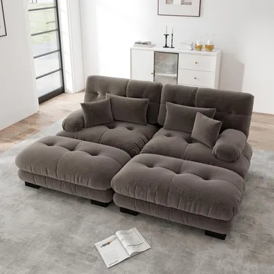 Produktbild von STILVORA Cloud Ecksofa mit breiten Armlehnen und 2 Ottomans, Doppelsofa mit 2 Lendenkissen Loungesofa mit 2 Dekokissen, Polstersofa für Wohnzimmer, Chenille