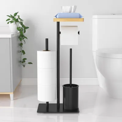Immagine prodotto di Portarotolo con scopino da WC - In piedi - Acciaio inossidabile - Nero opaco - Per bagno e WC
