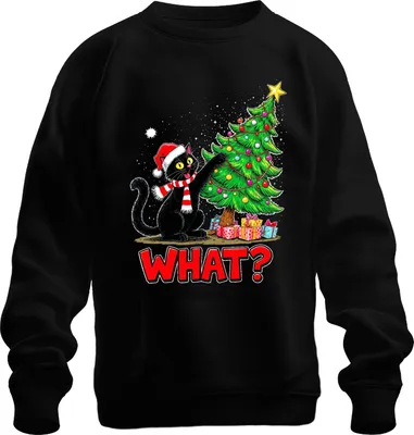 Produktbild von WHAT? schwarze Katze Weihnachten lustig Weihnachtsbaum Geschenke Uni Sweatshirt Pullover, Schwarz, L
