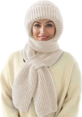 Produktbild von Winter Integrierter Gehörschutz Winddichte Mütze Schal - Damen 2-in-1 Wintermütze mit Kapuzenschal, Verdickt und Warm - Stilvolles Strickmützen-Set, Beige