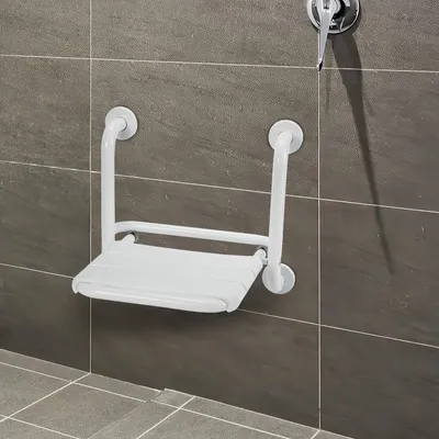 Produktbild von Yakimz Duschsitz, klappbar, Wandmontage, ABS Edelstahl 304, 35 x 32,5 cm, mit seitlichen Griffen, rutschfesten Punkten, platzsparend, ergonomisch, 120 kg
