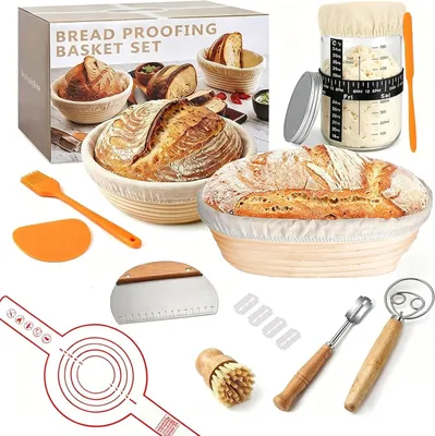 Immagine prodotto di Kit per la preparazione del lievito madre: 2 cesti, contenitore per la fermentazione, spatola per impasto, pietra refrattaria per pane, per la panificazione
