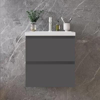 Produktbild von 50 cm Badmöbel-Set Unterschrank mit Mineralguss waschtisch 2 Schubladen soft-close Anthrazit Matt Selbstmontierter