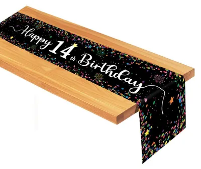 Immagine prodotto di Tovaglia decorativa per il 14° compleanno, per ragazzi e ragazze, colore nero, motivo a pois multicolore, dimensioni 185x33 cm, materiale: poliestere