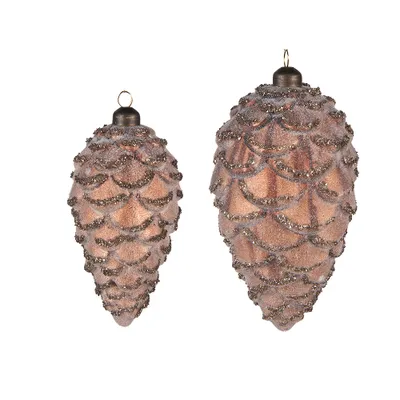 Obrázek produktu pro Clayre & Eef Vánoční koule sada 2 jedlových kuželek Ø 9 / Ø 7 cm Hnědé sklo