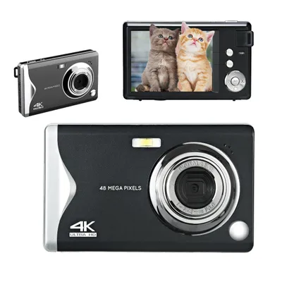 Produktbild von Digitale Kinderkamera, 48 MP, 16-facher Digitalzoom, 3-Zoll-Display, Mini und tragbar, schwarz, mit integrierter Speicherkarte und Akku