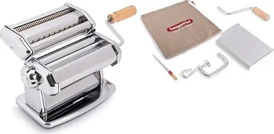 A pasta maker and its accessories are displayed on a white background.