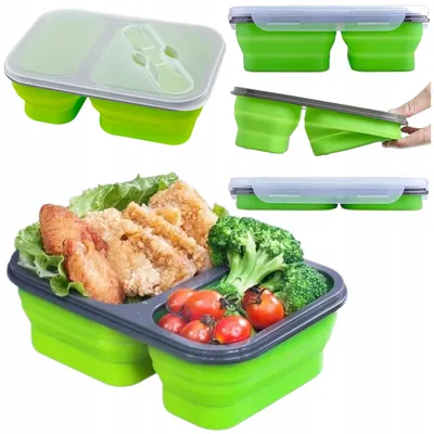 Produktbild von Faltbare Silikon Lunchbox 2-Kammer Groß mit Besteck