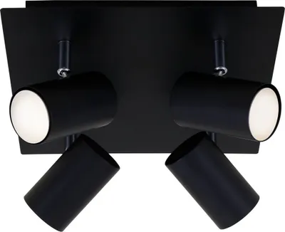 A black metal ceiling light fixture with four adjustable spotlights.