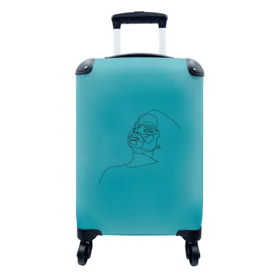 Produktbild von MuchoWow® Koffer Handgepäck Trolley Rollkoffer Kleine Reisekoffer mit 4 Rollen - Strichzeichnung - Blau - Frau - Cabin Size < 55x40x23 cm & 55x40x20 cm - Fotokoffer - Kabinenkoffer - Boardgepäck - Reise-Box - Reisekoffer - Reisegepäck - Koffer mit Bild - Trolley für Kinder