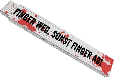 Produktbild von Blutspritzer Meterstab aus Holz mit Spruch Finger weg sonst Finger ab