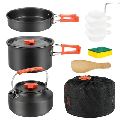 Produktbild von 10-teiliges Camping Kochgeschirr Set Outdoor Aluminium Antihaftbeschichtet