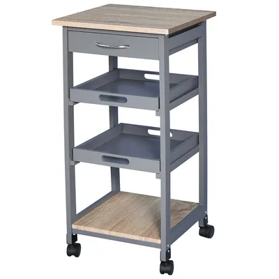 Image de HOMCOM Chariot de service desserte de cuisine à roulettes 2 plateaux amovibles, tiroir, étagère chêne clair bois pin gris