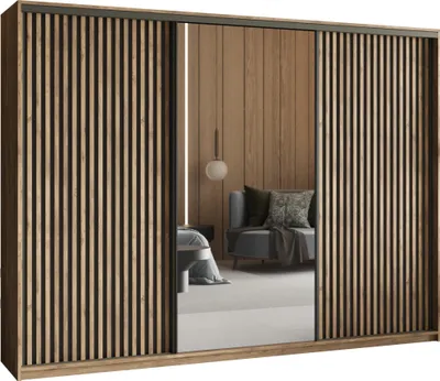 Produktbild von Masseno Schiebetürenschrank ORRA 250/205/60 cm Kleiderschrank mit Spiegel und Lamellen, 4 Schubladen Schlafzimmer Schrank 3-türig Eiche Lefkas + Schwarz