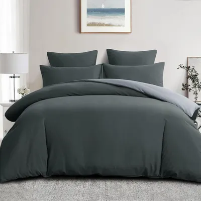 Produktbild von Bettwäsche-Set 220x240cm 3-teilig Wendebettwäsche Anthrazit Grau mit Kissenbezügen 65x65cm Mikrofaser Reißverschluss