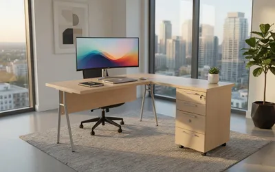 Immagine prodotto di Moderna scrivania angolare in legno con cassettiera e serratura per ufficio
