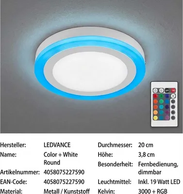 Produktbild von LEDVANCE Anbauleuchte LED COLOR +WHITE RD 200 mm 19W 4058075227590