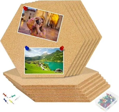 Produktbild von Famanu Korkboard 12 Stück - Sechseckige selbstklebende Korkplatten mit 80 bunten Pinnadeln