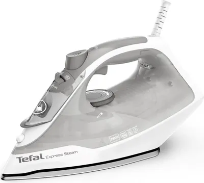 A studio shot of a Tefal Express Steam iron on a white background.