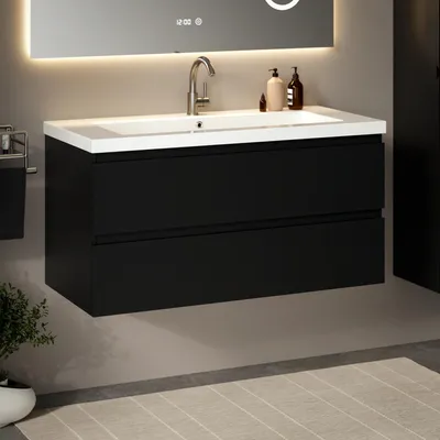 Produktbild von Mirlux Badezimmermöbel-Set Schwarz 100 cm – Weißes Waschbecken – Badezimmermöbel-Set – Waschtisch aus Schwarz