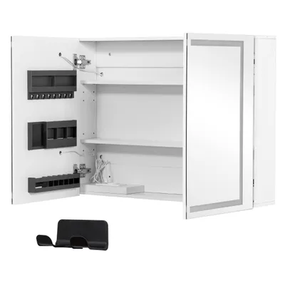 Produktbild von Metall Spiegelschrank mit LED Beleuchtung und Steckdose Zwei Türen Badschrank mit Spiegel und Ablage Dimmbar Dual-Touch-Schalter
