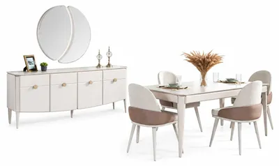 Immagine prodotto di Set per sala da pranzo: tavolo da pranzo con 4 sedie, mobili in legno, credenza, specchio