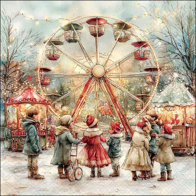 Produktbild von 20 Servietten Theme Park - Kinder vor Weihnachtsmarkt 33x33cm