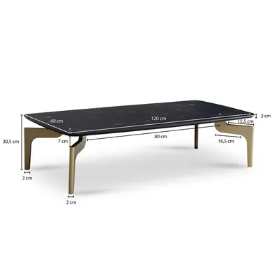 A black marble-look coffee table with gold legs, shown with dimensions indicated by text overlays.