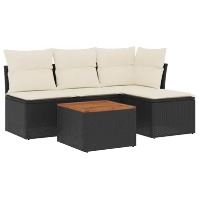Produktbild von Garten-Lounge-Set 5-tlg., modular, PE-Rattan Schwarz, mit Akazienholz-Tisch, Stauraum, wasserabweisendem Beutel & cremeweißen Kissen