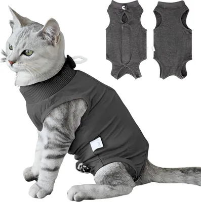 Produktbild von Genesungsanzug für Katzen, grauer OP-Anzug für Katzen, Katzenbekleidung, Halsbandalternative für Katzen und Hunde, postoperativer Anzug für Katzen und Hunde