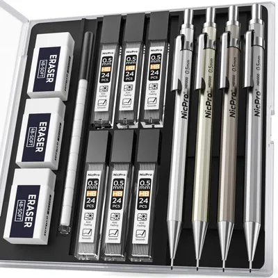 Produktbild von Druckbleistifte Set 4 Stück Metall 0,5 mm HB mit Minen und Radiergummis