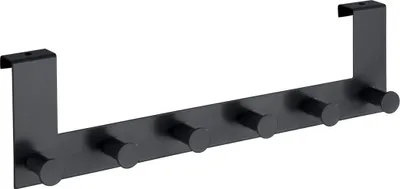 A black over-the-door hook rack with six hooks.