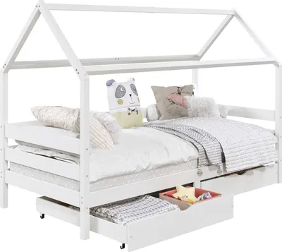Produktbild von Hausbett CLIA aus massiver Kiefer in weiß, Montessoribett mit Dach in  90x200cm, stabiles Kinderbett mit 2 Schubladen