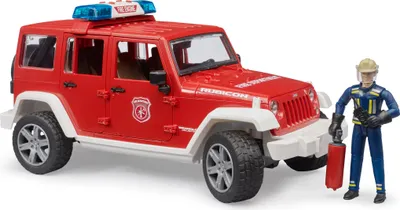 Produktbild von bruder 02528 - Jeep Wrangler Unlimited Rubicon Feuerwehrfahrzeug mit Feuerwehrmann & Light and Sound Modul - 1:16 Einsatzfahrzeug Feuerwehr-Auto Notruf Löschfahrzeug Spielzeug-Figur Mann