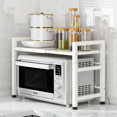 Immagine prodotto di Supporto per microonde – regolabile in altezza e lunghezza – salvaspazio, stabile, con pratico vano portaoggetti, colore bianco L64xP36xH46cm /WBWB/