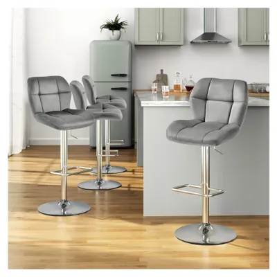 Produktbild von Höhenverstellbares Barhocker-Set mit 360° Drehfunktion, Küchenstühle mit Rückenlehne und Fußstütze, Samt, Sitzhöhe 62,5 cm - 84,5 cm, Hellgrau